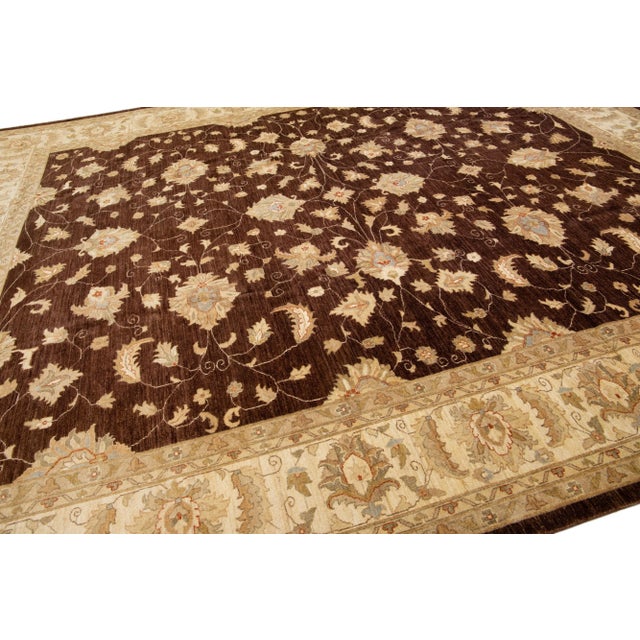 Brown Modern Peshawar Handmade Wool Rug With Palmettes Design For Sale In New York - Image 6 of 7