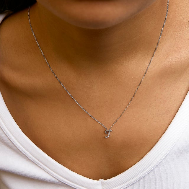 10K White Gold Diamond Accent "T" Initial Script Style Pendant Necklace For Sale - Image 4 of 5