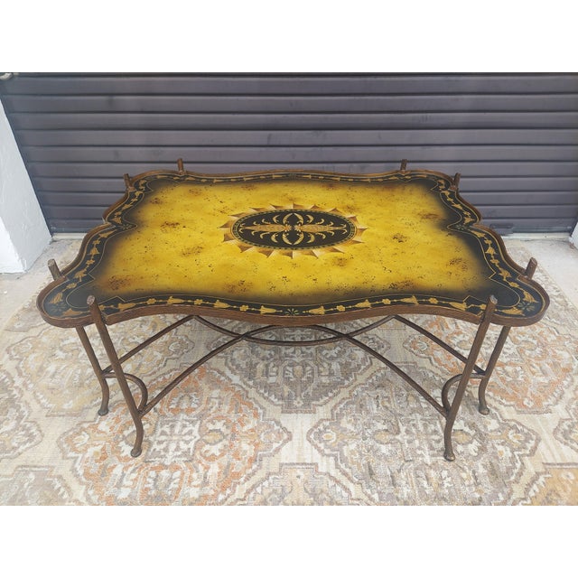 1990s Iron Faux Bois Maitland Smith Style Coffee Table Features a Double Curved X Base. For Sale In Orlando - Image 6 of 15