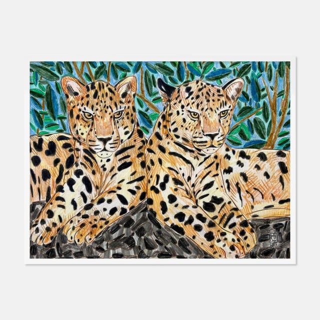Contemporary Twin Leopards by Jelly Chen in White Framed Paper, Small Art Print For Sale - Image 3 of 3