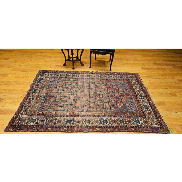 Antique Persian Malayer Rug, Hand-Knotted Wool, Geometric Pattern, 5x7, Blue & Rust-Red For Sale In Chicago - Image 6 of 15