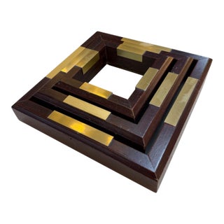 Set of Italian Wood and Brass Square Decorative Trays, 1970s For Sale