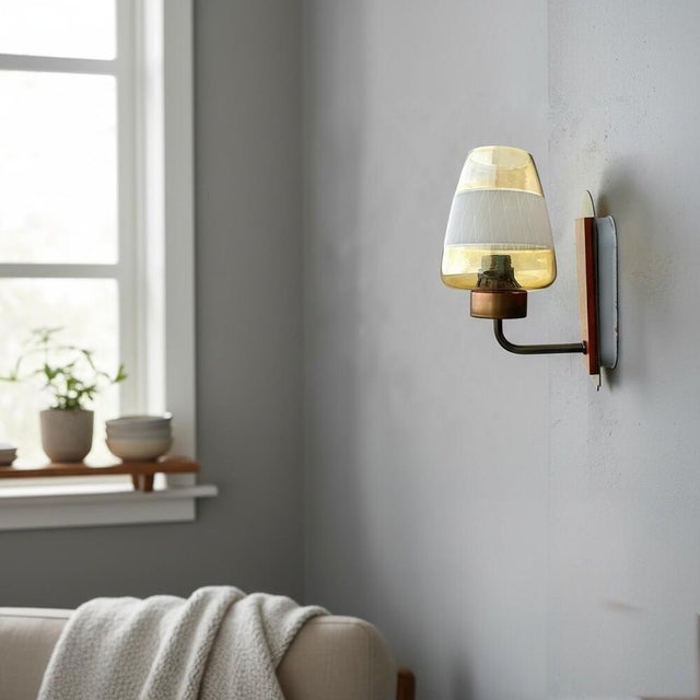 Danish Modern Teak and Etched Glass Wall Sconce, 1960s For Sale - Image 4 of 12
