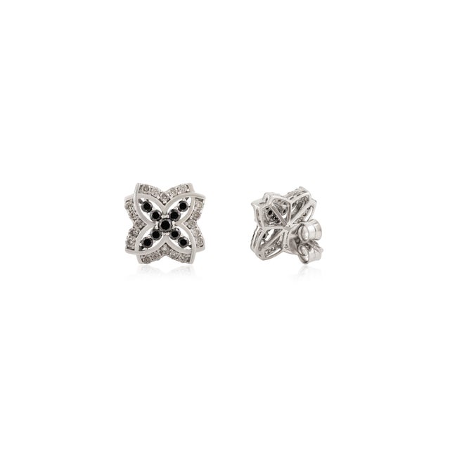 Art Deco Timeless Quatrefoil Floral Sterling Silver Stud Earrings With Black Diamond- 2 Pieces For Sale - Image 3 of 10