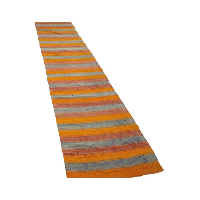 Traditional Orange & Blue Striped Kilim Runner For Sale - Image 3 of 7