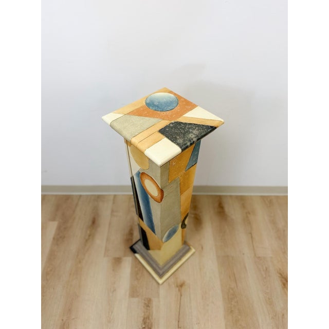 Wood Vintage Postmodern Art Deco Hand Painted Pedestal Hidden Storage Cubist Column For Sale - Image 7 of 9