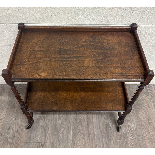 Early 20th Century Antique English Barley Twist Oak Trolley Tea Cart Dumbwaiter For Sale - Image 5 of 9