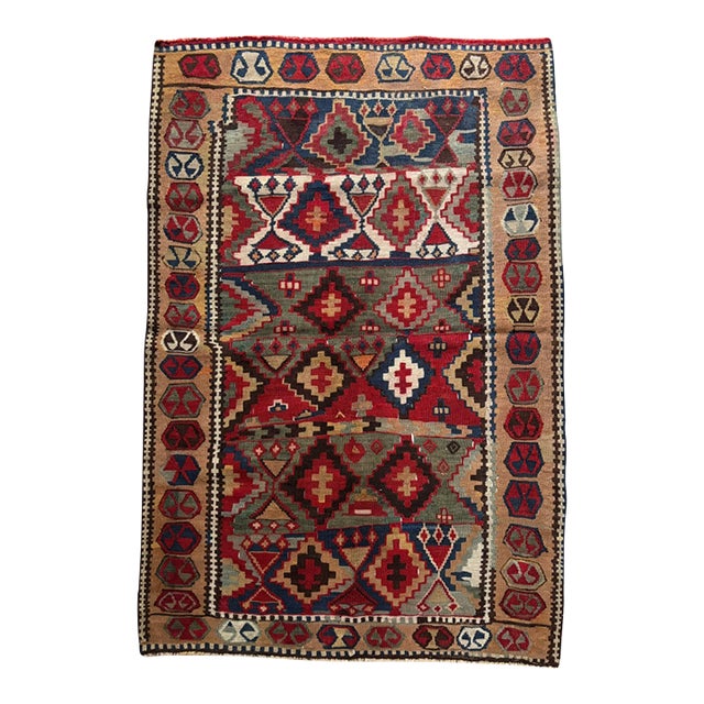 Rare Antique Kilim Rug | Vibrant Geometric Tribal Design | 3'1" X 4'5" For Sale