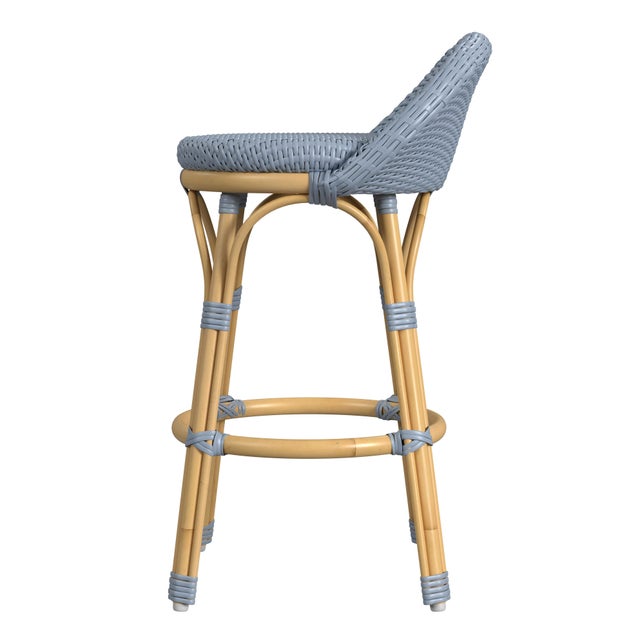 2020s Tobias 24.5 in. Seat Height Outdoor Rattan and Metal Low Back Counter Stool, Baby Blue/ Natural Rattan Frame For Sale - Image 5 of 8