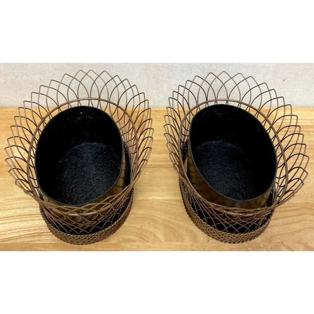 Early 20th Century Antique French Gilt T?¥le & Iron Tole Metal Filigree Oval Planters - A Pair For Sale - Image 10 of 13