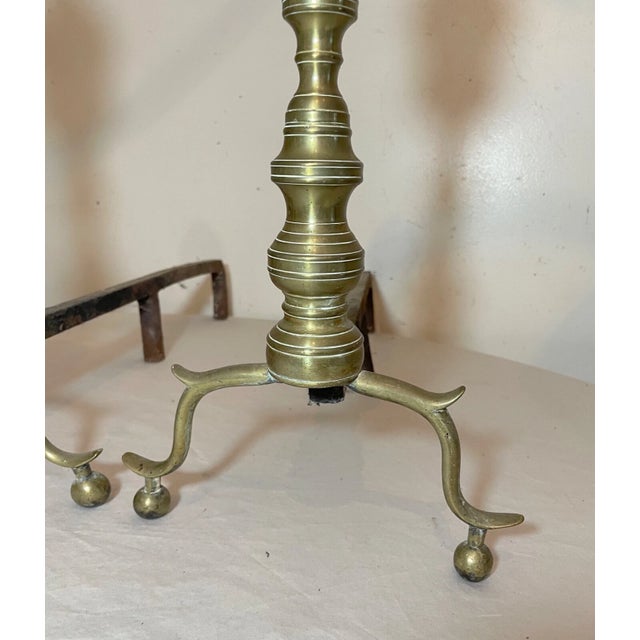 18th Century Pair of Turned 18th Century Peened Brass Wrought Iron Georgian Andirons 1700's For Sale - Image 5 of 15