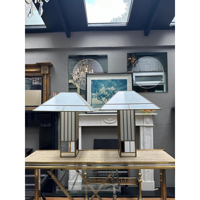 Large Brass and Opaque Glass Table Lamps in the style of Tiffany, 1970s, Set of 2 For Sale - Image 11 of 16