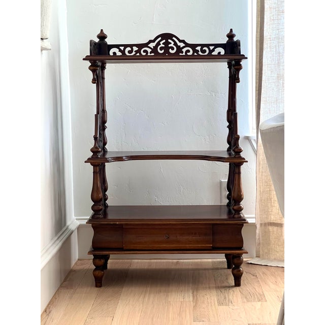 English Exquisite Antique Victorian Carved Walnut Étagère Display Stand With Ornate Gallery & Lower Drawer For Sale - Image 3 of 12