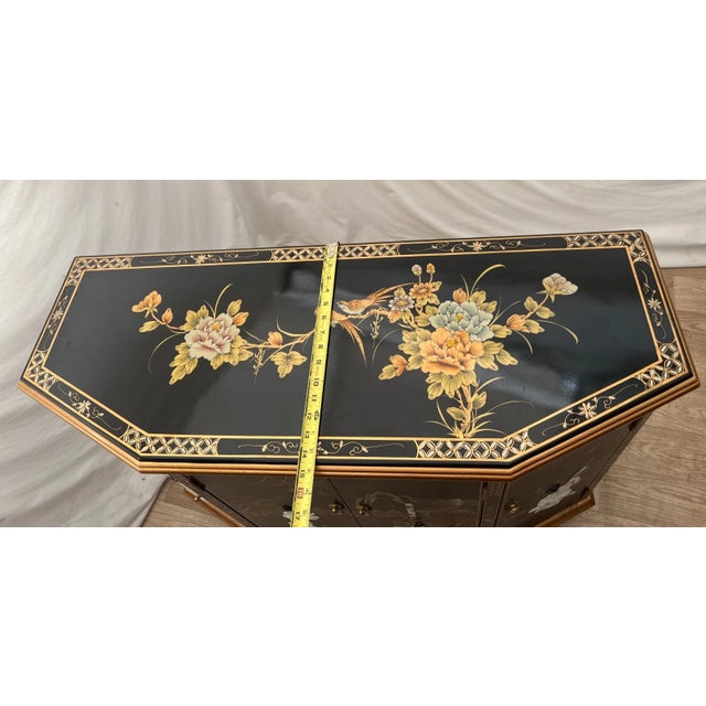 Vintage Chinese Console Cabinet Chinoiserie Mother of Pearl Applique Asian Style For Sale - Image 10 of 11