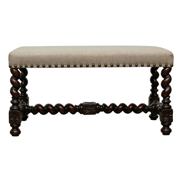 English Barley Twist Bench With Upholstered Seat, Circa 1900 For Sale