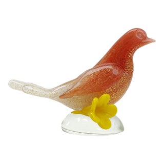 Vintage Murano Seguso Vintage Orange White Gold Flecks Yellow Flower Italian Art Glass Mid Century Bird Sculpture For Sale