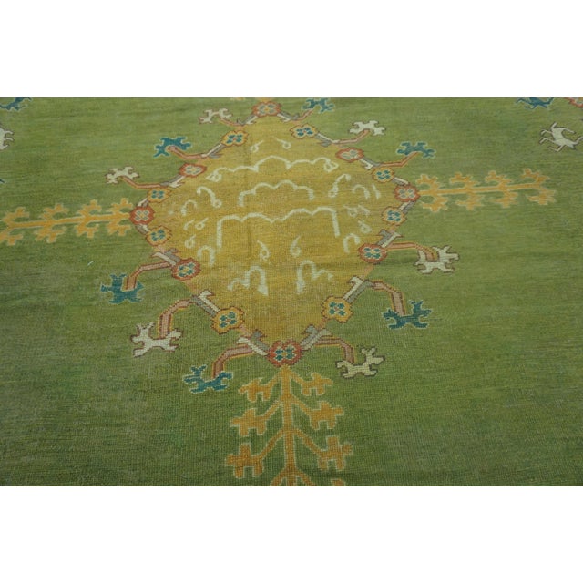 Late 19th Century 1890s Green Medallion Antique Turkish Oushak Rug 9'3"x12'1" Knotted Wool Carpet For Sale - Image 5 of 8