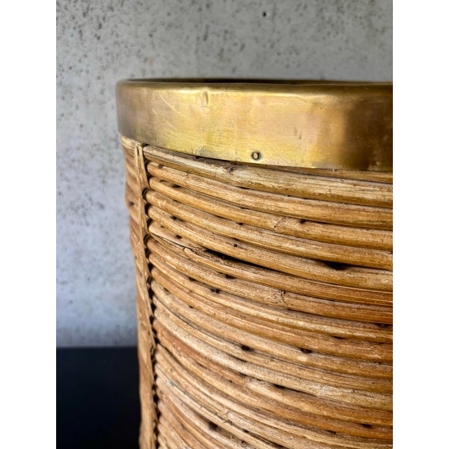 Gabriella Crespi Large Vintage Pencil Reed Rattan Planter With Brass Rim, Italian Riviera Style For Sale - Image 4 of 7