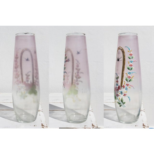 Art Deco 1920s Art Deco German Bavaria Hand Painted Glass Vase Depicting Swallows Birds and Flowers For Sale - Image 3 of 13