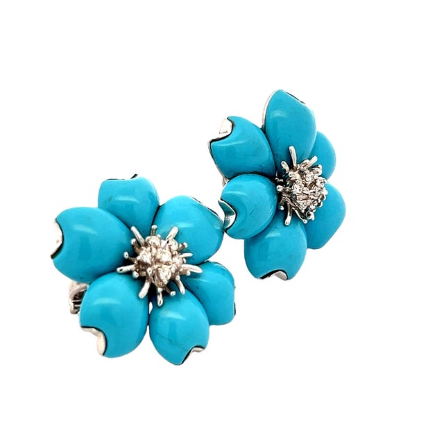 Circa 1980s Italian 18k White Gold Persian Turquoise and Diamond Floral Earrings For Sale - Image 4 of 12