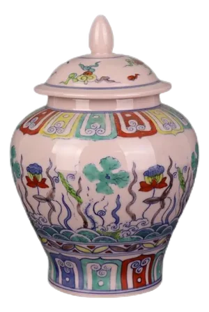Antique Chinese Ceramic Pot Ming Dynasty Chenghua Marked Blue and White Doucai Porcelain Ginger Jar Hand Painted Lotus Flowers Pattern