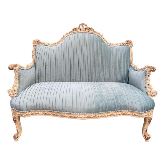 1980 French Louis XVI Cream Beech Blue Velvet Settee Sofa For Sale