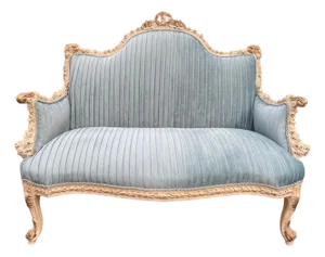 1980 French Louis XVI Cream Beech Blue Velvet Settee Sofa