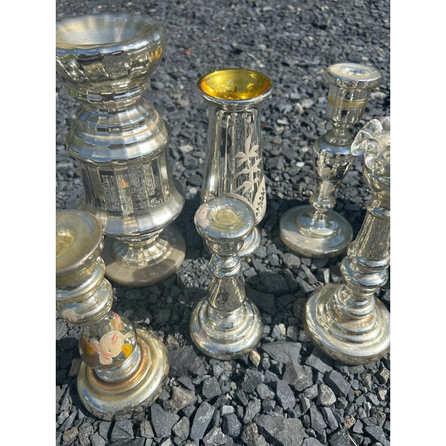 Vintage Mercury Glass Candlesticks and Vases- Set of 10 For Sale - Image 12 of 17