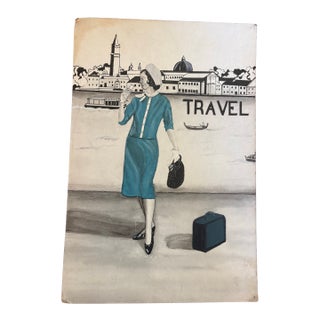 Vintage 1961 Mid-Century Travel Illustration Painting on Board – Original Artwork Unframed For Sale
