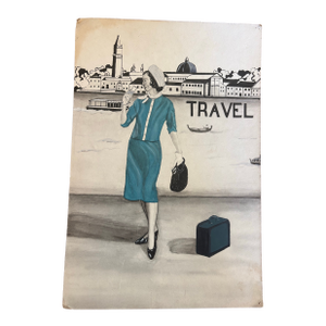 Vintage 1961 Mid-Century Travel Illustration Painting on Board – Original Artwork Unframed