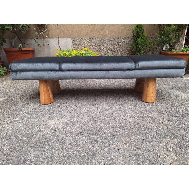 Bench in Electric Grey Velvet with Conical Wooden Legs, 1990s, in Very Good conditions. Designed 1990 to 1999