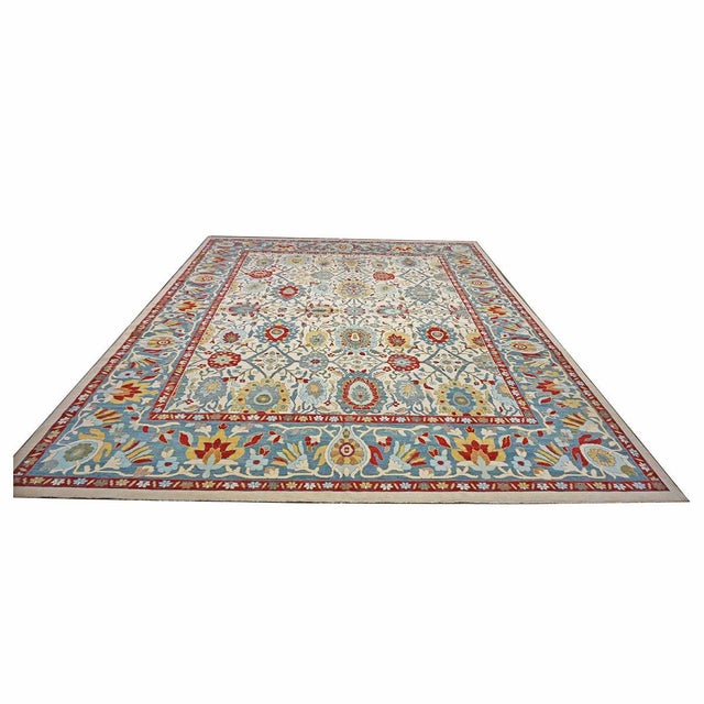 Afghan Sultanabad Wool 13x16 Ivory, Red & Light Blue Handmade Area Rug #1143763 For Sale - Image 4 of 11