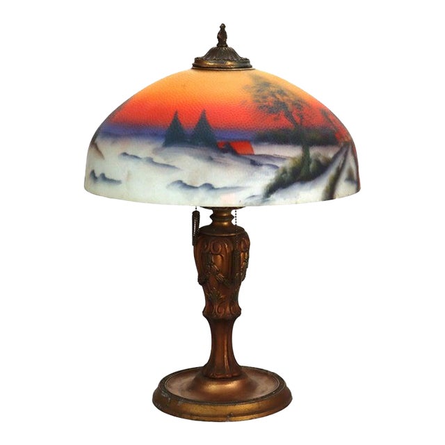 Antique Jefferson Textured Reverse Painted Landscape Table Lamp C1920 For Sale