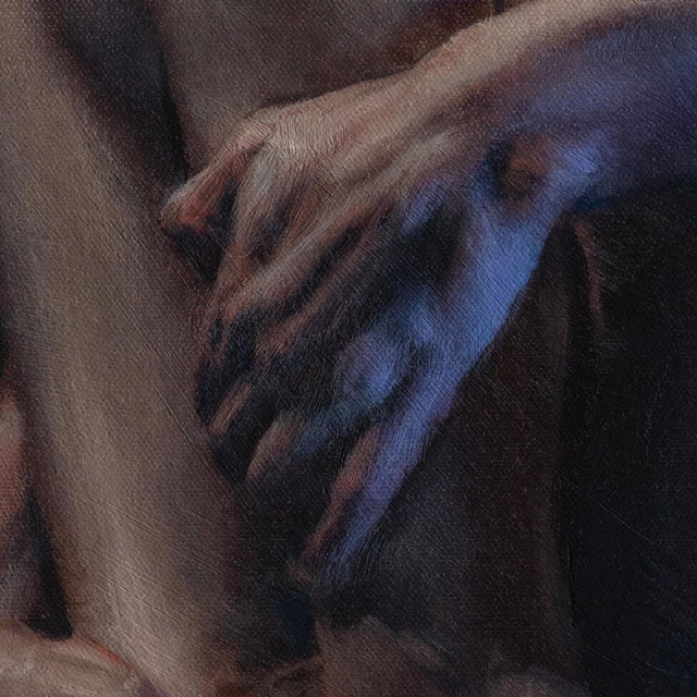The painting "Chrysalis" depicts a nude figure curled in a fetal position, embodying a sense of introspection and...