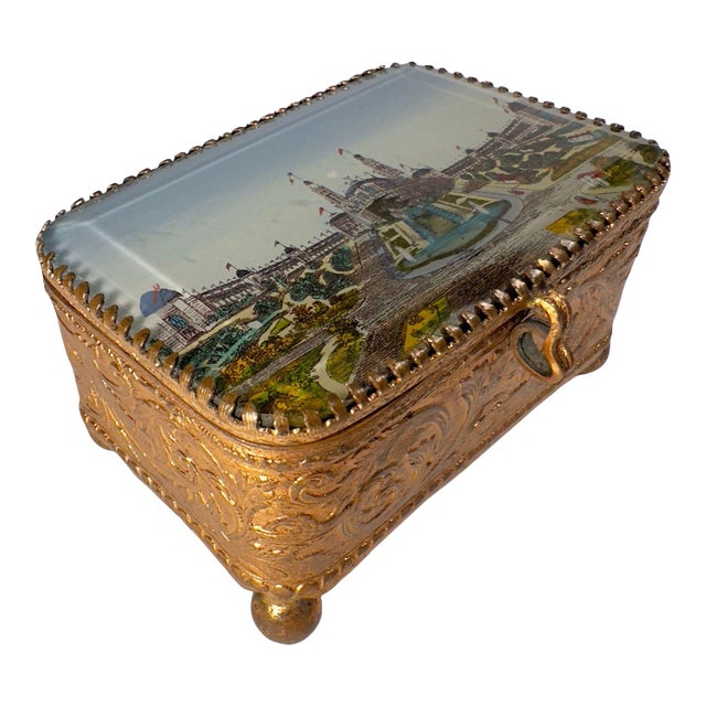 Antique Paris Trocadéro Palace Souvenir Jewelry Box, Gilt Brass & Beveled Glass, C. 1890–1900 For Sale