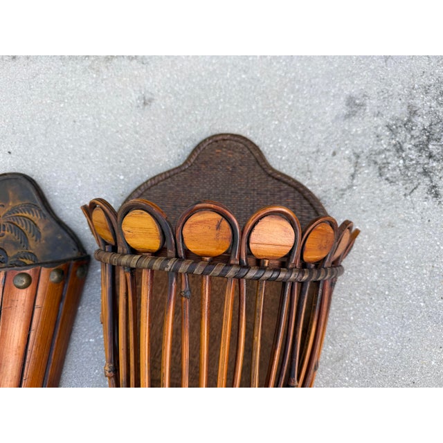 Vintage Sculptural Rattan and Bamboo Wall Pockets, a Coordinated Pair For Sale - Image 4 of 11