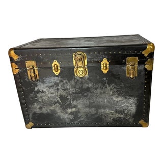 Early 20th Century Antique Steamer Travel Trunk Brass Leather For Sale