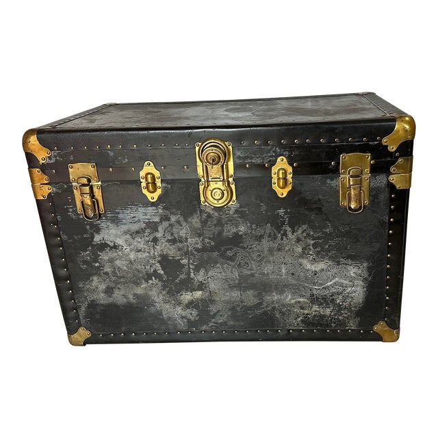Early 20th Century Antique Steamer Travel Trunk Brass Leather For Sale