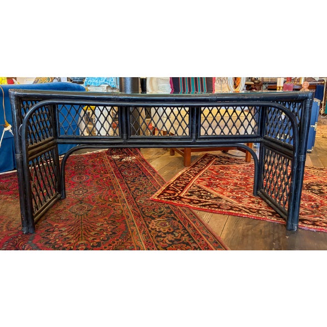 1980s 1980s Black Painted Rattan Console Table or Desk With Glass Top Inserts For Sale - Image 5 of 9