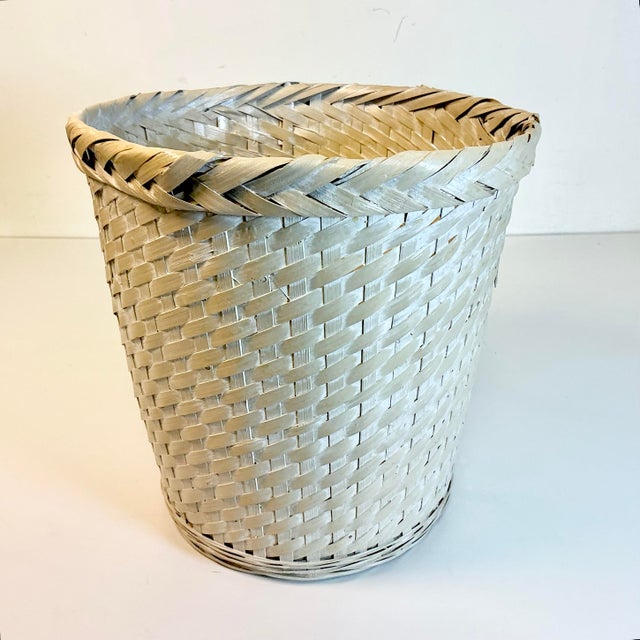 Wood Mid-Century Boho Chic Coastal White Washed Almond Painted Wicker Wastebasket. For Sale - Image 7 of 11