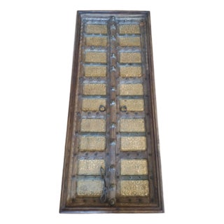 Table -Antique Indian Sheesham Wood Door Coffee Table With Brass-Copper Inlay & Mango Wood Base For Sale
