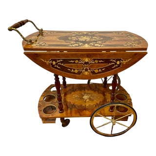Mid 20th Century Vintage Italian Brass Marquetry Bar Cart For Sale