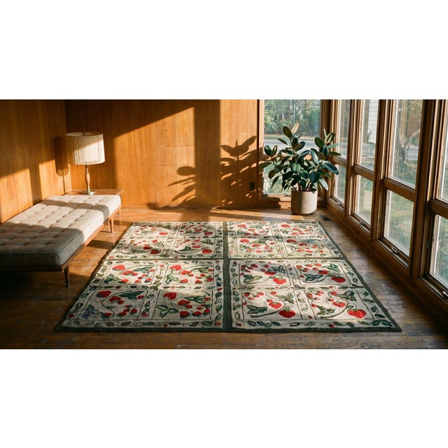 1920s Ivory Floral Folk Art Antique American Hooked Rug 6'3" X 6'4" Handknotted Wool Carpet For Sale - Image 11 of 13