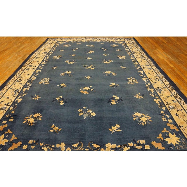 1900s Blue Traditional Floral Deco Antique Peking Chinese Knotted Wool Rug For Sale - Image 10 of 10