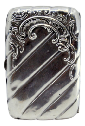 Cigarette Case in Shells and Scrolls Embossed Gummed Silver and Hinged Lid