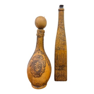 Vintage Spanish Embossed Leather Wrapped Bottles Depicting the Mallorca Cathedral For Sale