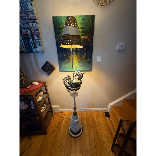 Beige Mid 20th Century Hollywood Regency Chinoiserie Reticulated Ceramic & Dual Dragon Floor Lamp For Sale - Image 8 of 12