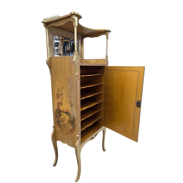 Antique Victorian Hand-Painted Music Cabinet With Brass Gallery and Mirror For Sale - Image 9 of 12
