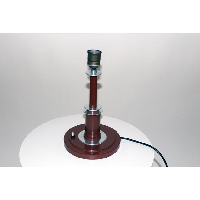 Metal with brown lacquer finish, aluminum discs, parchment shade, original socket, rewired and grounded, European Plug (up...