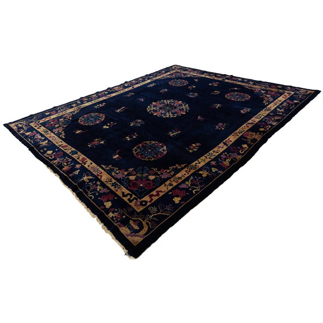 Antique Art Deco Chinese Wool Rug With Indigo Field and Lotus Medallions 9x11 For Sale - Image 12 of 12